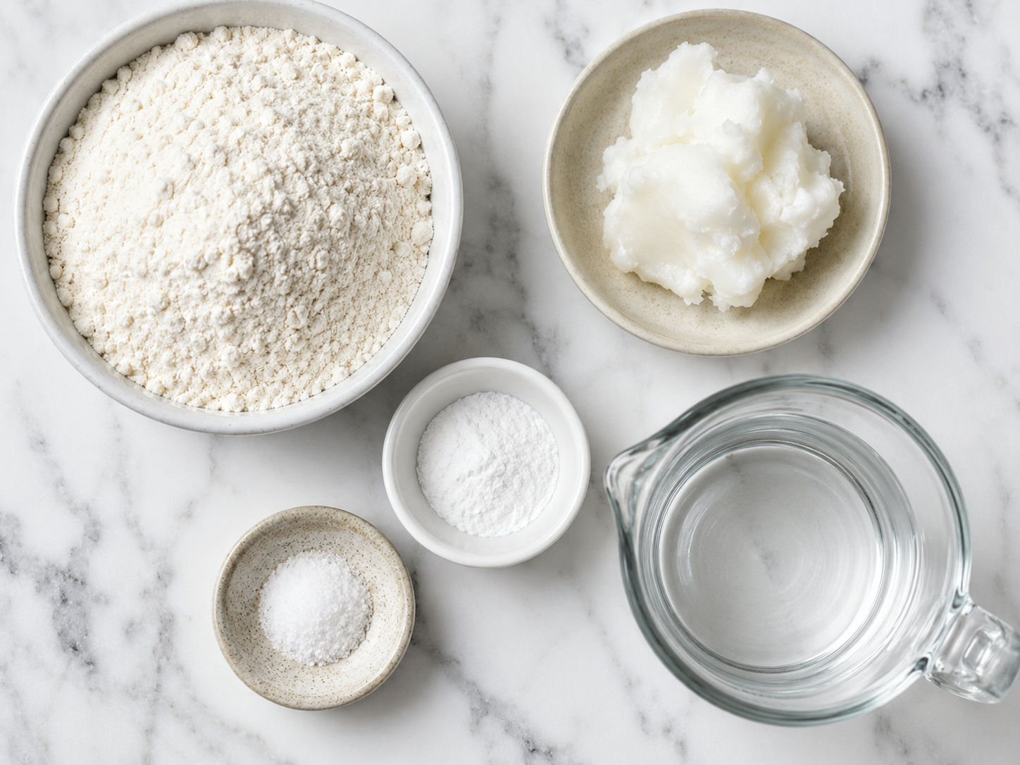 Raw ingredients for gorditas de harina including flour, lard, baking powder, salt, and water