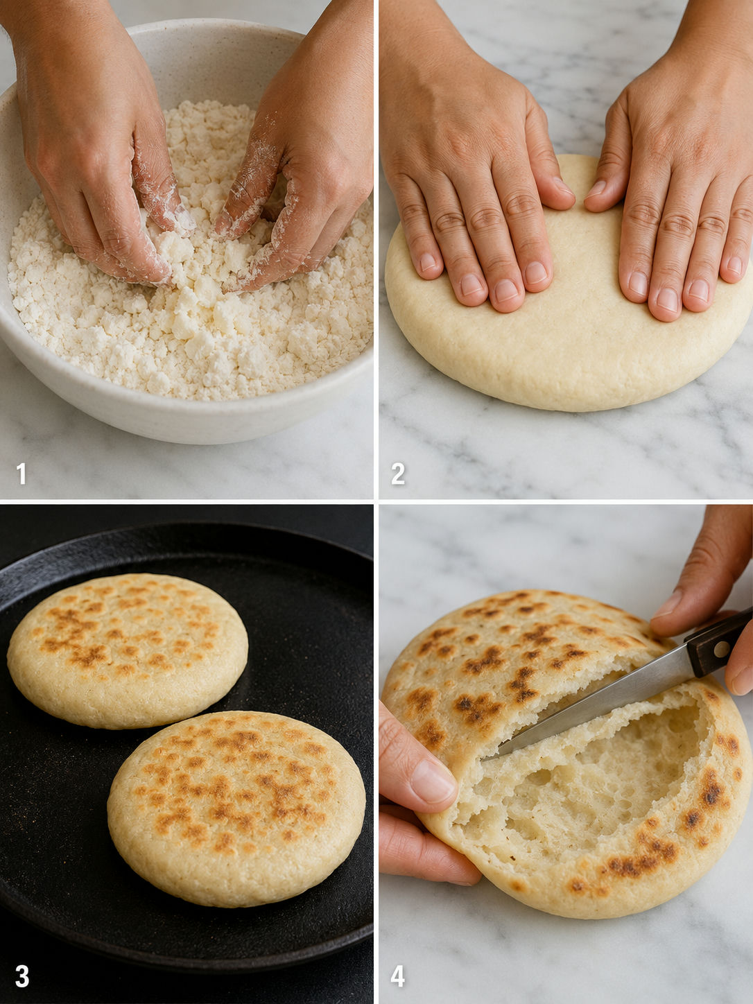 Four-step process of making gorditas de harina from mixing to splitting open