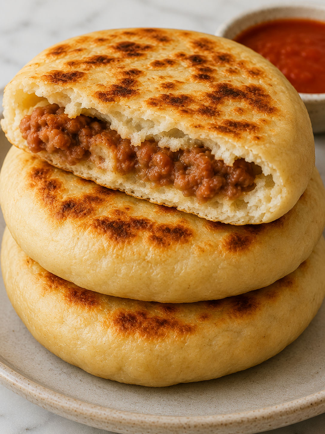 Stack of golden gorditas de harina with one split open showing fluffy interior
