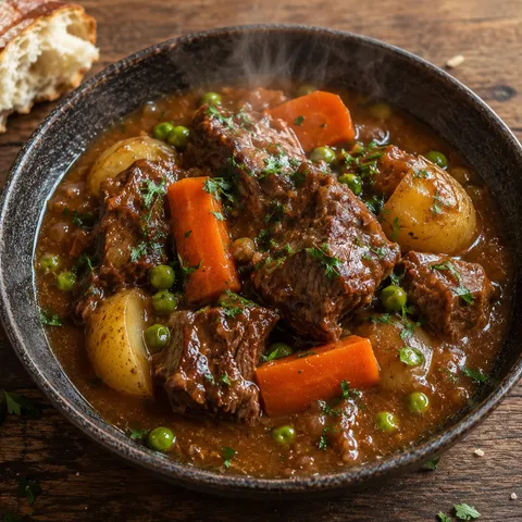 Lamb stew with potatoes, carrots, peas, herbs, and rich brown broth