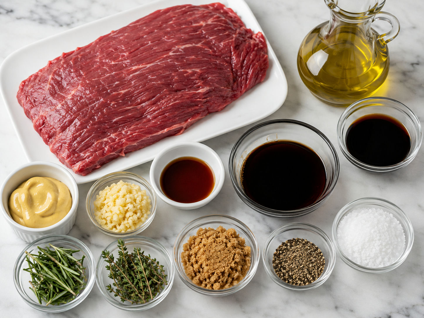 Raw steak marinade ingredients with garlic, herbs, soy sauce, and balsamic
