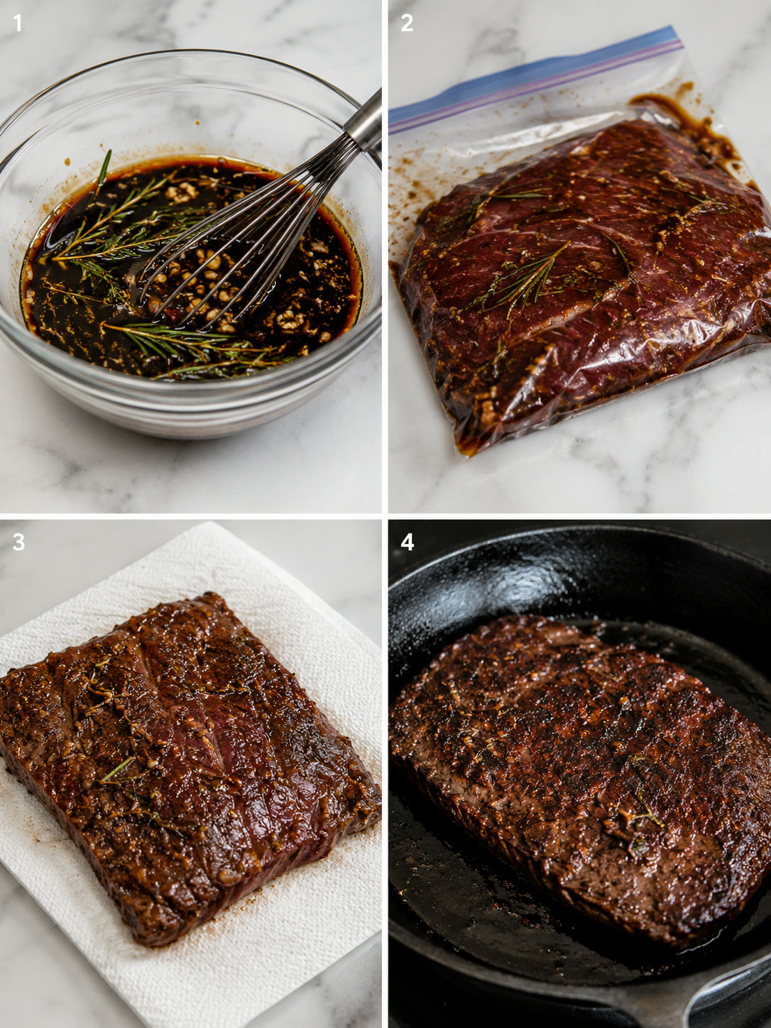Four steps for marinating and searing steak with garlic and herbs