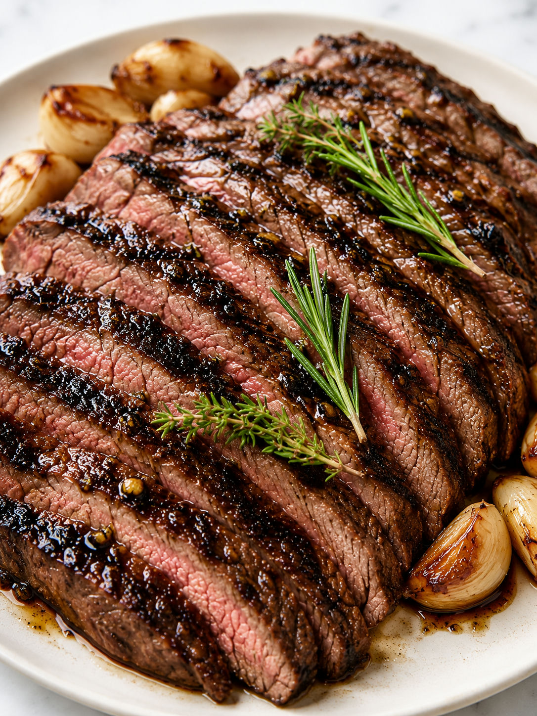 Juicy sliced marinated steak with rosemary, thyme, and roasted garlic