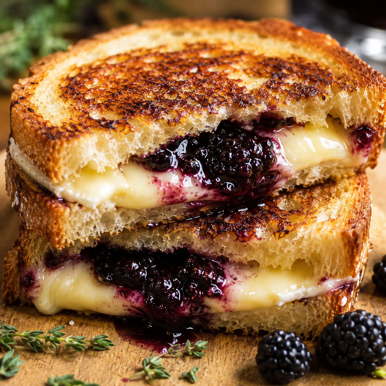 Blackberry balsamic brie grilled cheese on golden sourdough with thyme