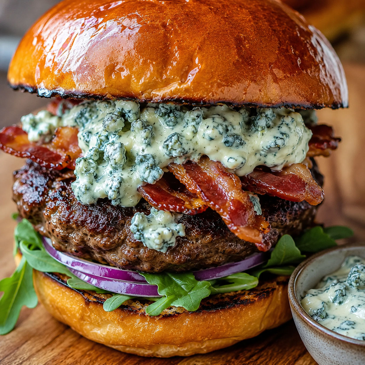 Blue cheese burger with pancetta, arugula, and red onion on brioche