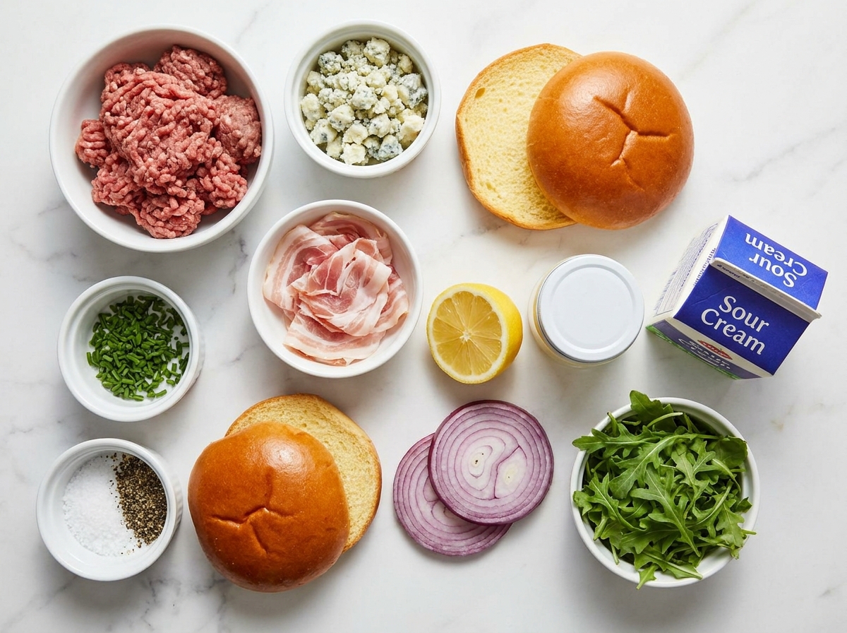 Ingredients for blue cheese pancetta burgers on a wooden surface