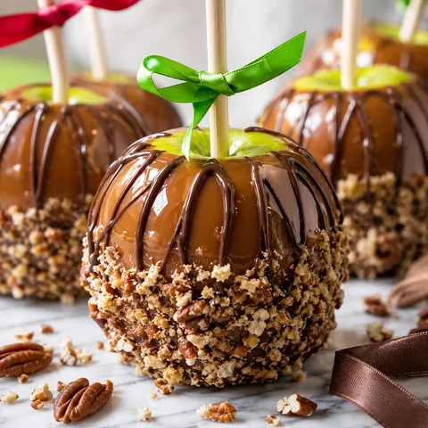 Gourmet caramel apples with pecans and chocolate drizzle