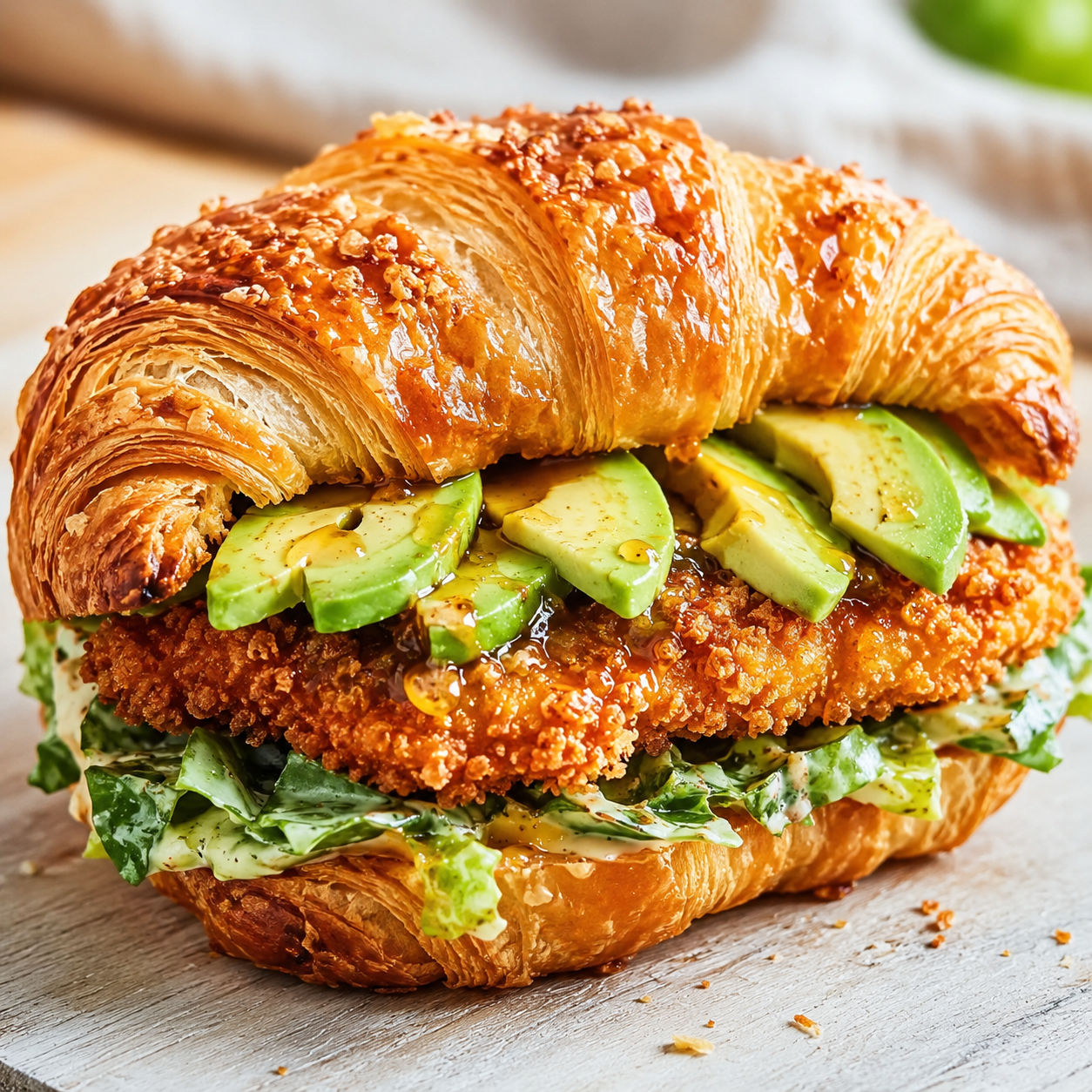 Crispy chicken croissant sandwich with avocado, romaine, and hot honey