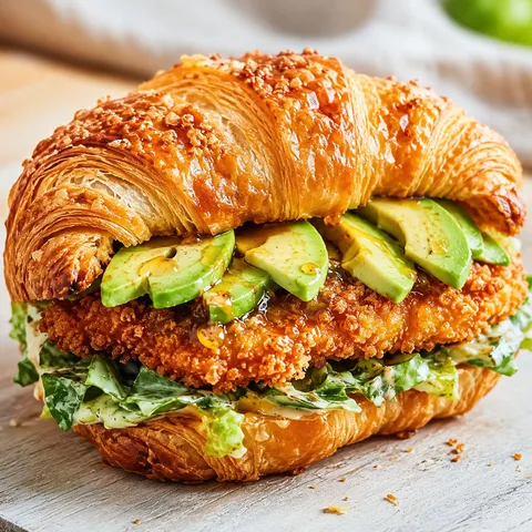 Crispy chicken croissant sandwich with avocado, romaine, and hot honey