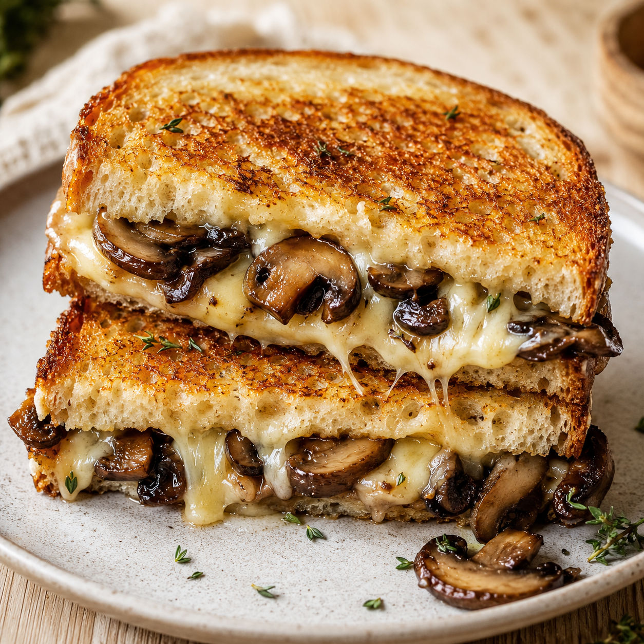 Gourmet garlic mushroom grilled cheese with melted cheese on sourdough