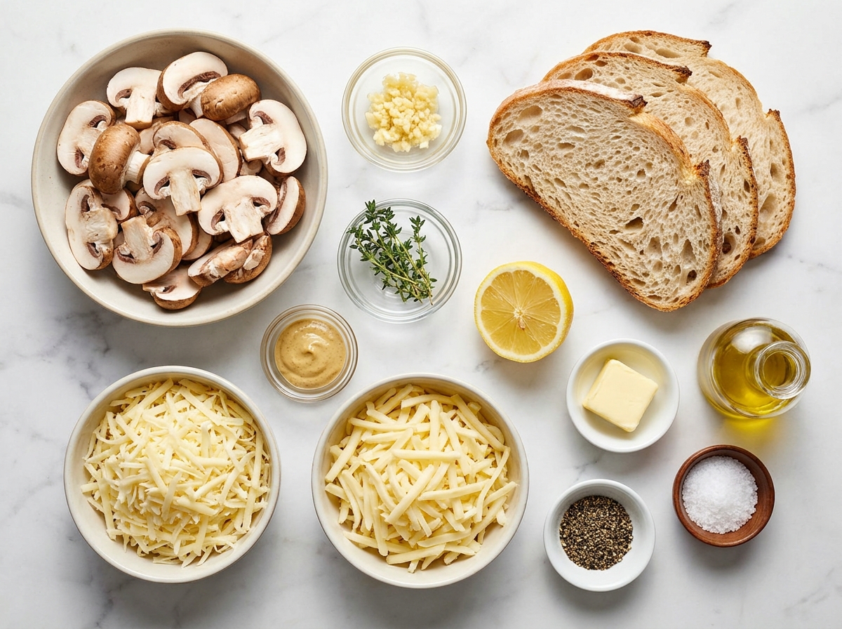 Ingredients for garlic mushroom grilled cheese with sourdough and cheeses