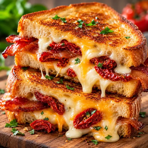 Gourmet grilled cheese sandwich with bacon and oven-dried tomato cut in half showing melted cheese
