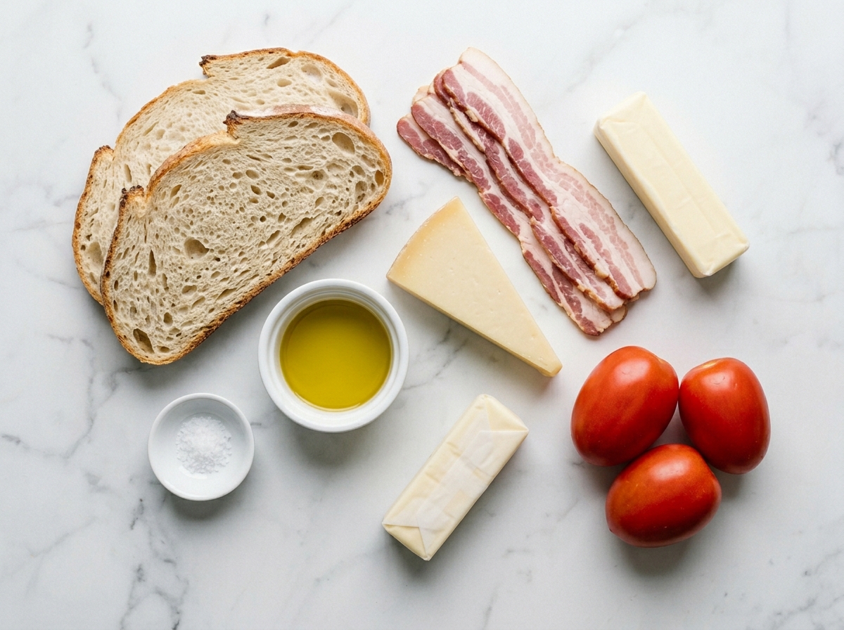 Raw ingredients for gourmet grilled cheese with bacon, Gruyere, cheddar, Roma tomatoes, and sourdough