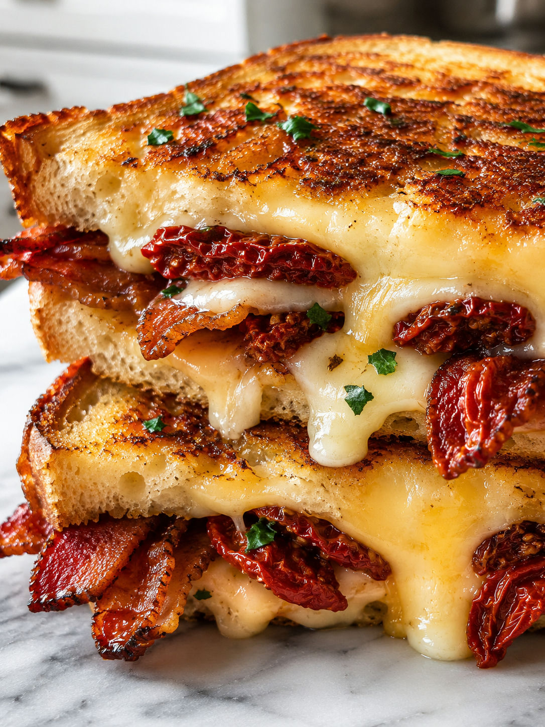 Gourmet Grilled Cheese, Bacon, and Oven-Dried Tomato Sandwich, plated and served