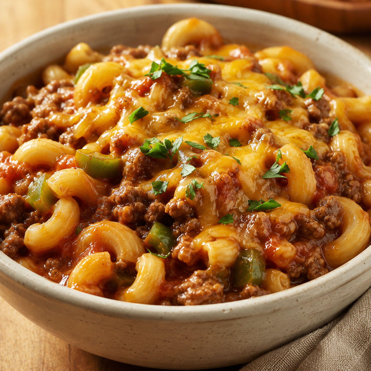 Grandma’s goulash with beef, macaroni, cheddar, and parsley