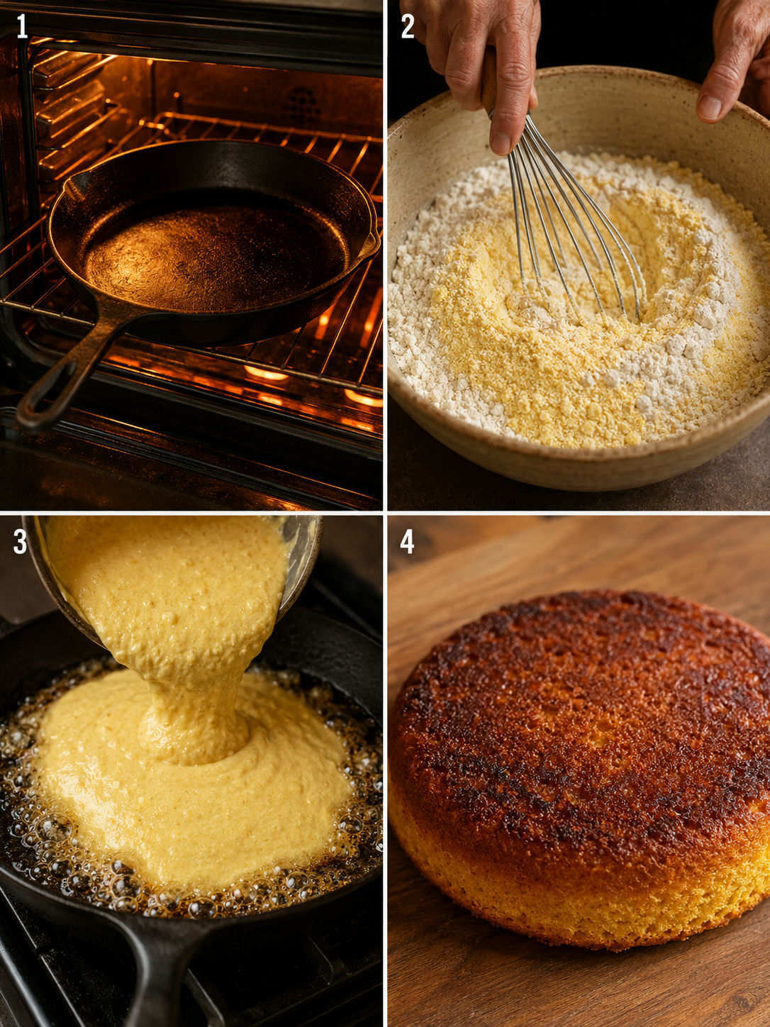 Four key steps of making Southern buttermilk cornbread from preheating the cast iron to revealing the crispy bottom crust