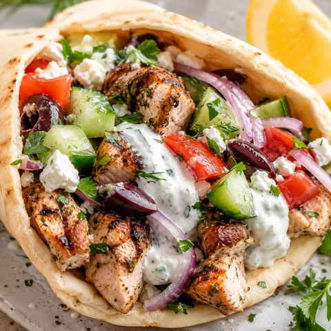 Greek chicken gyros with tzatziki, feta, olives, tomato, and cucumber