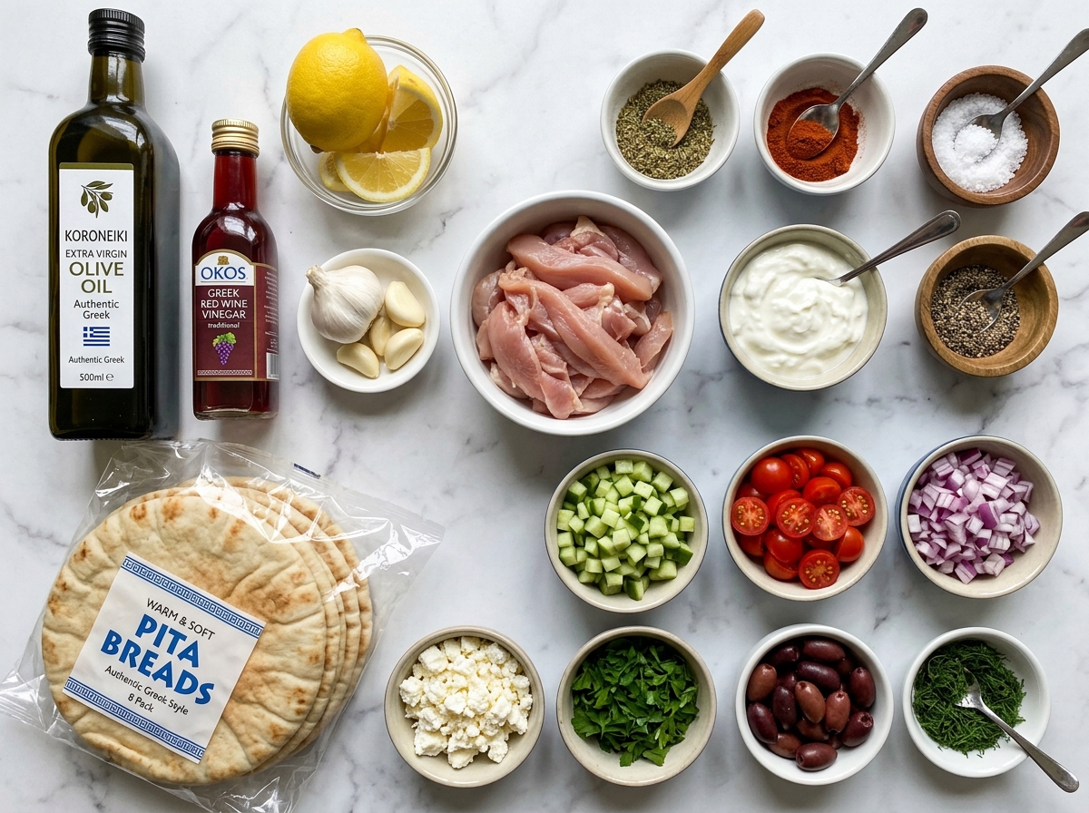 Chicken, yogurt, pita, cucumber, tomatoes, feta, olives, and herbs for gyros