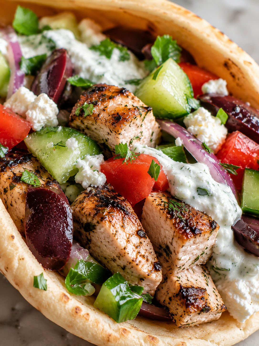 Greek Chicken Gyros with Tzatziki Sauce and Greek Salad, plated and served