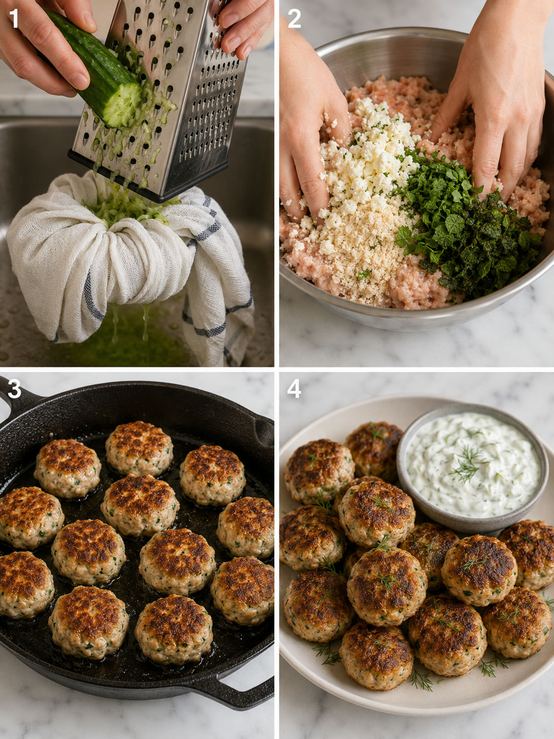 Four cooking steps for Greek chicken meatballs from squeezing cucumber to serving with tzatziki