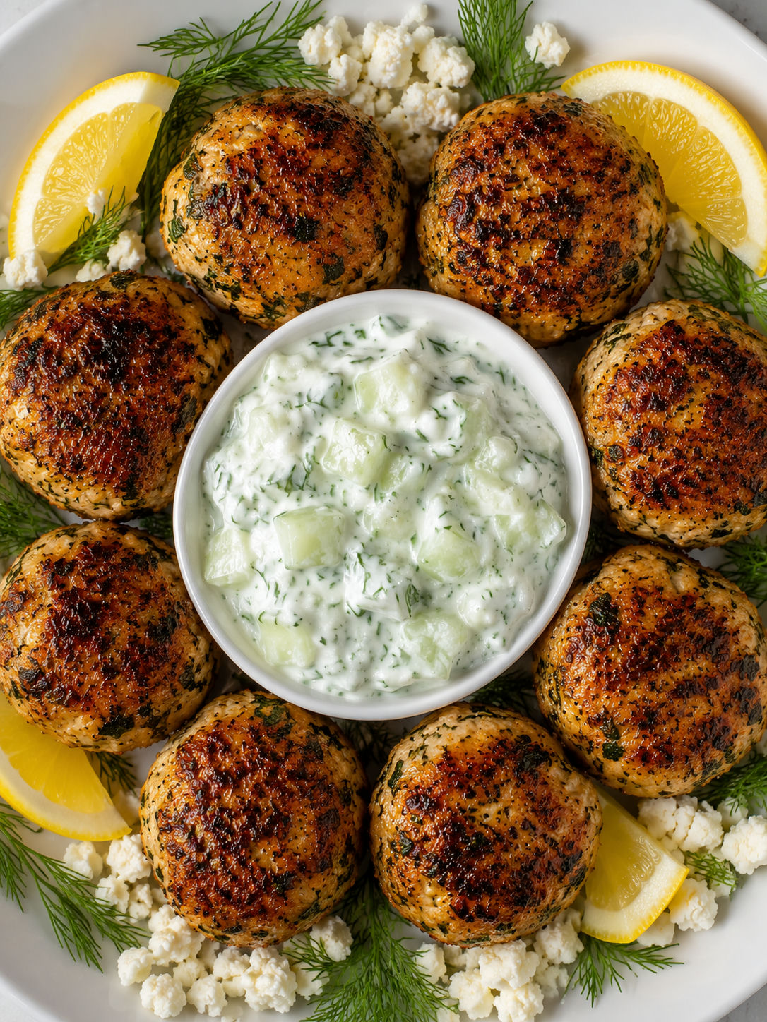 Overhead plate of golden Greek chicken meatballs surrounding a bowl of tzatziki with dill and lemon