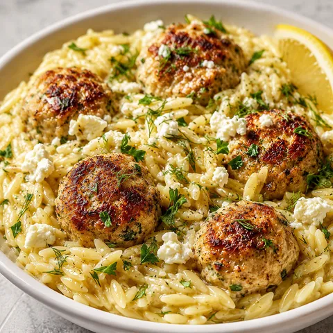 Greek chicken meatballs with creamy lemon orzo, feta, dill, and lemon