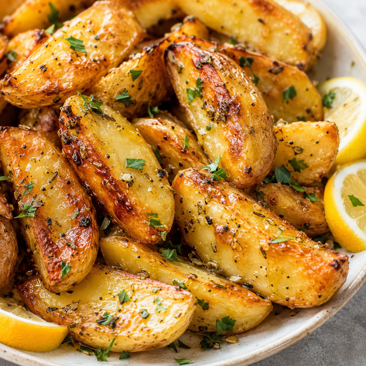 Greek lemon garlic roasted potatoes with oregano and lemon wedges