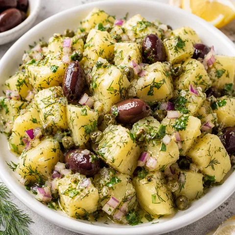 Greek Potato Salad with olives, dill, parsley, and lemon