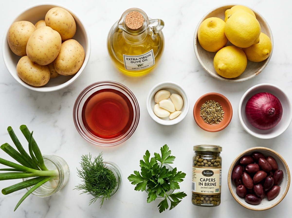 Ingredients for Greek Potato Salad with potatoes, herbs, olives, and lemon