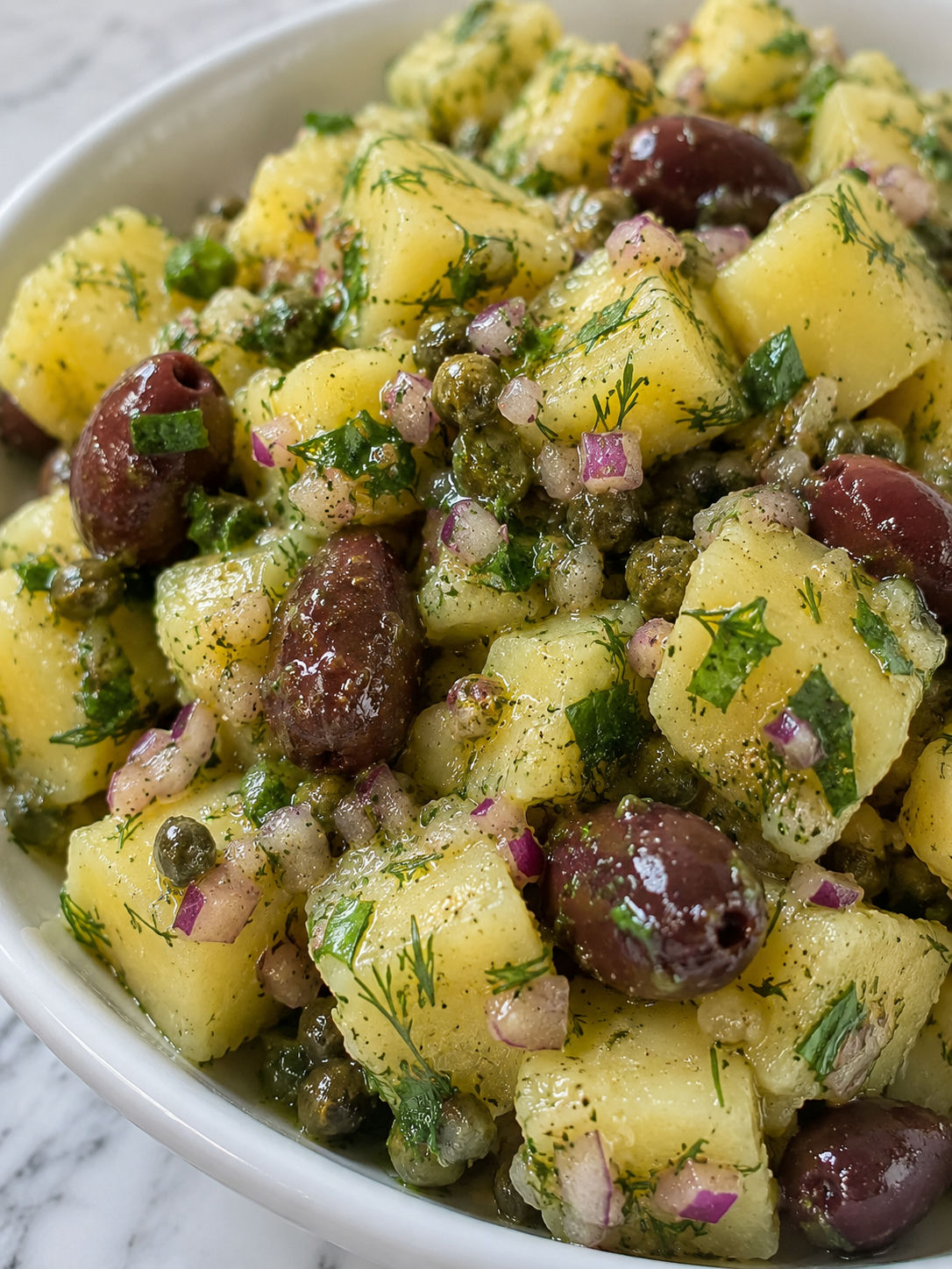 Greek Potato Salad, plated and served