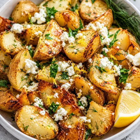Greek roast potatoes with lemon, feta, herbs, and golden edges
