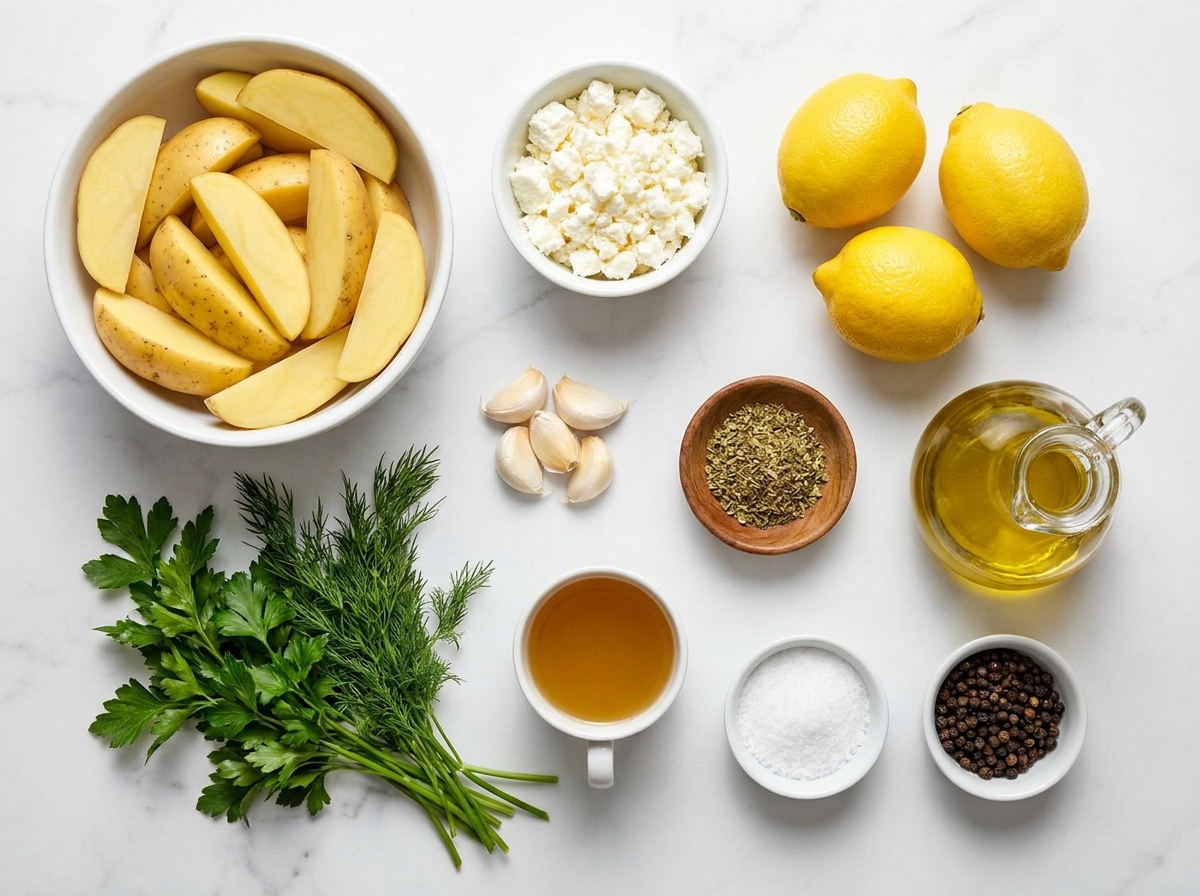 Ingredients for Greek lemon feta potatoes on a light stone surface