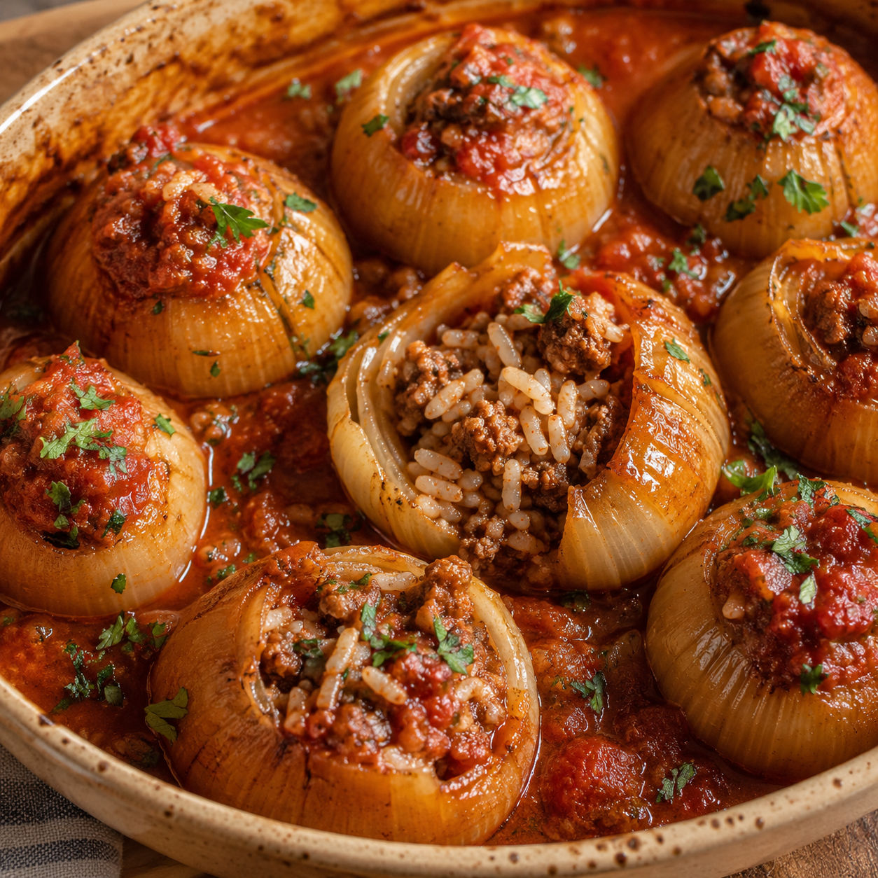 Greek Stuffed Onions in tomato sauce with parsley