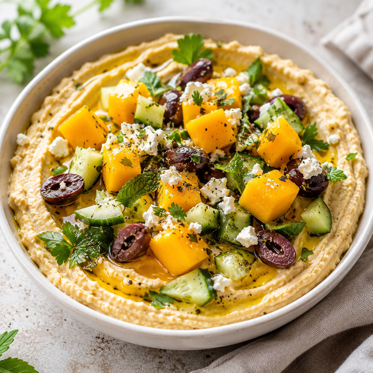Greek hummus with mango, olives, feta, cucumber, and herbs
