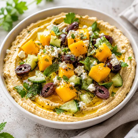 Greek hummus with mango, olives, feta, cucumber, and herbs