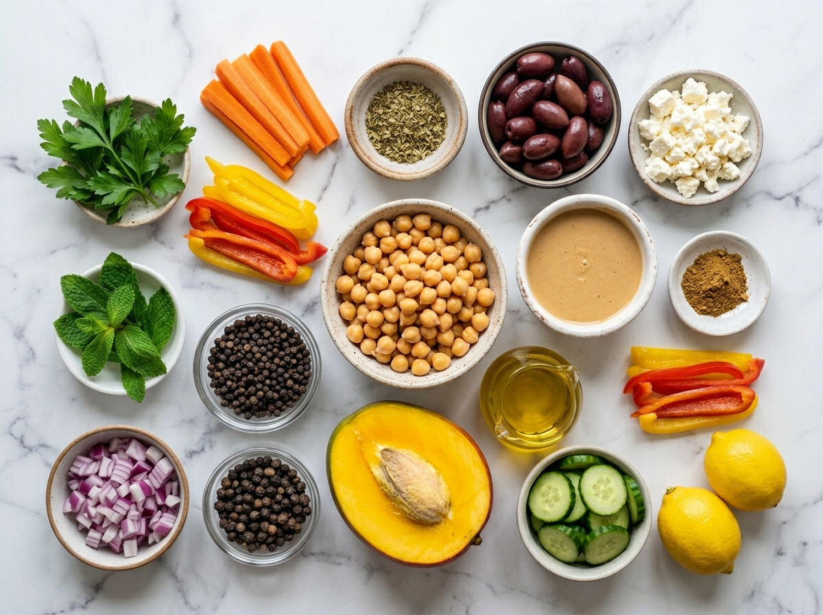 Ingredients for Greek hummus with mango, olives, feta, and herbs