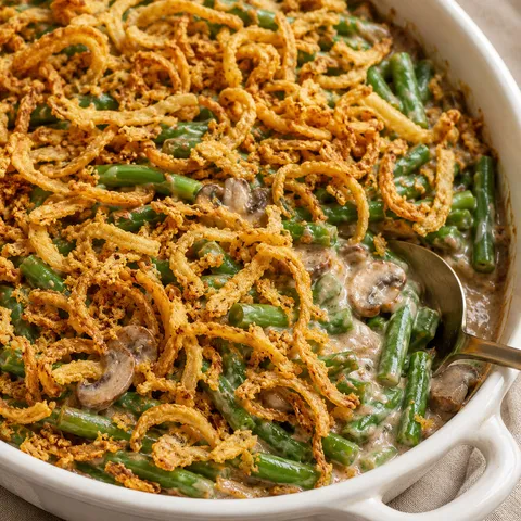 Green bean casserole with crispy fried onions in a white baking dish