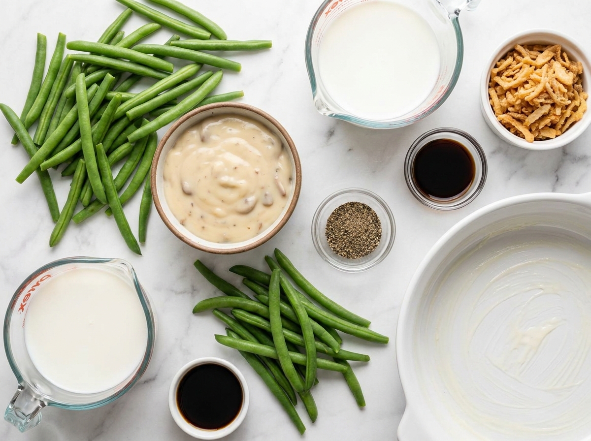 Green bean casserole ingredients with green beans, mushroom soup, milk, and fried onions
