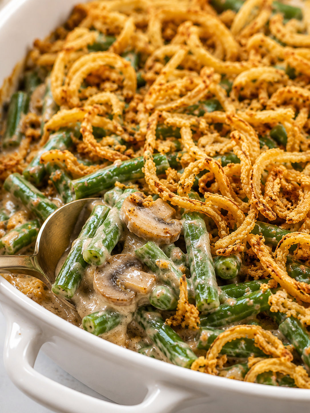 Green Bean Casserole, plated and served