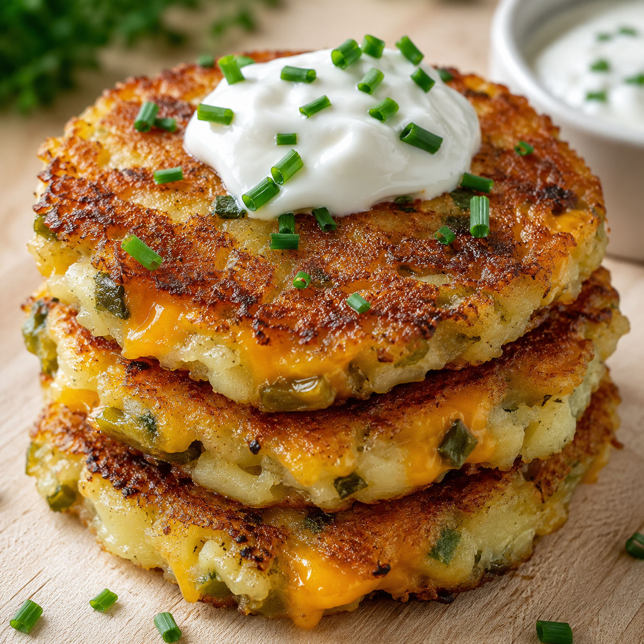 Green chile cheese potato cakes with sour cream and green onions