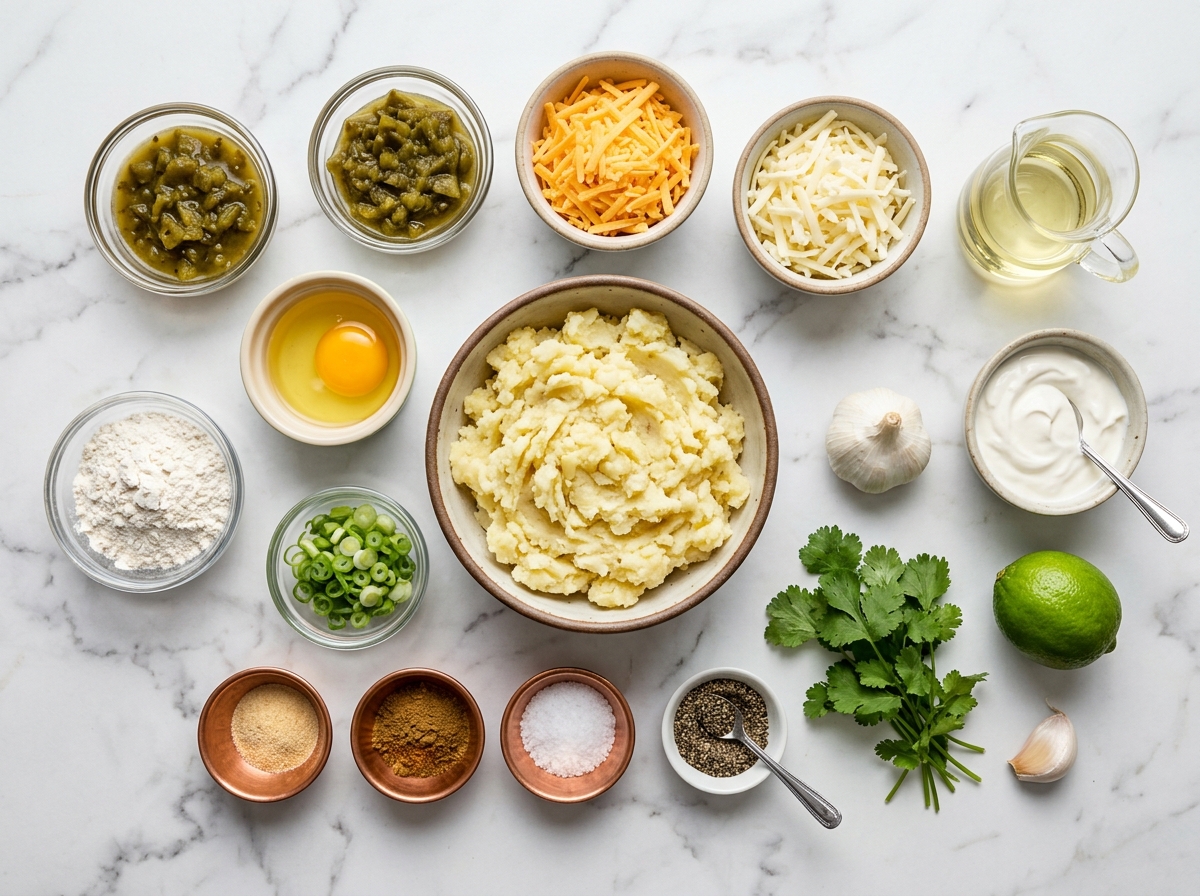 Ingredients for green chile cheese potato cakes with sour cream dip