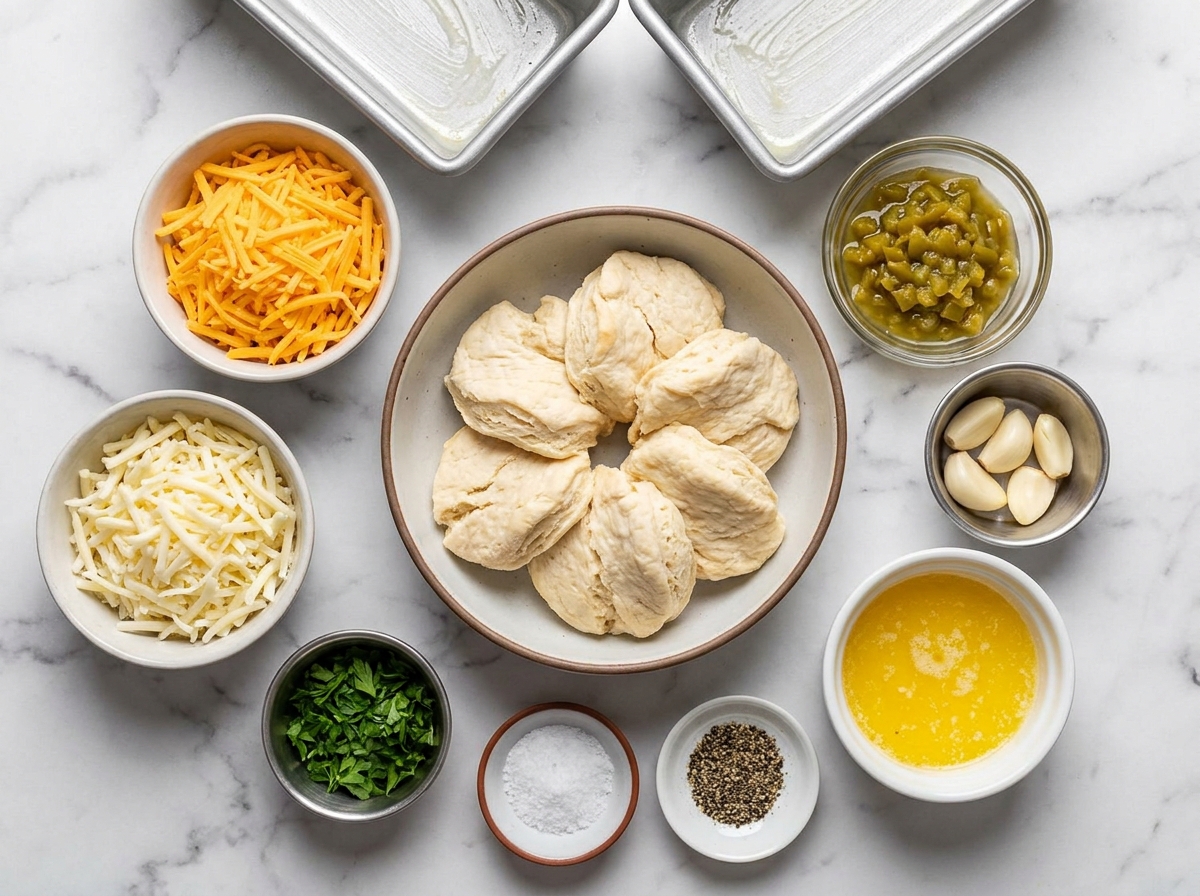 Biscuit dough, cheese, green chiles, garlic, and butter for pull apart loaves