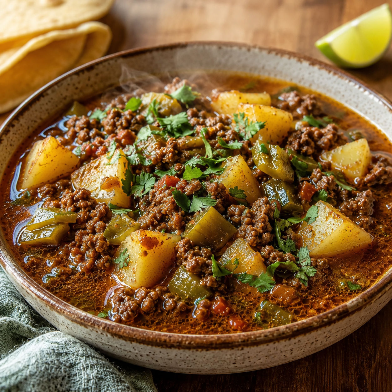Green chile picadillo with beef, potatoes, roasted chiles, and cilantro