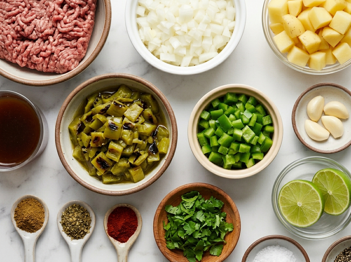 Ingredients for green chile picadillo with beef, potatoes, chiles, and spices