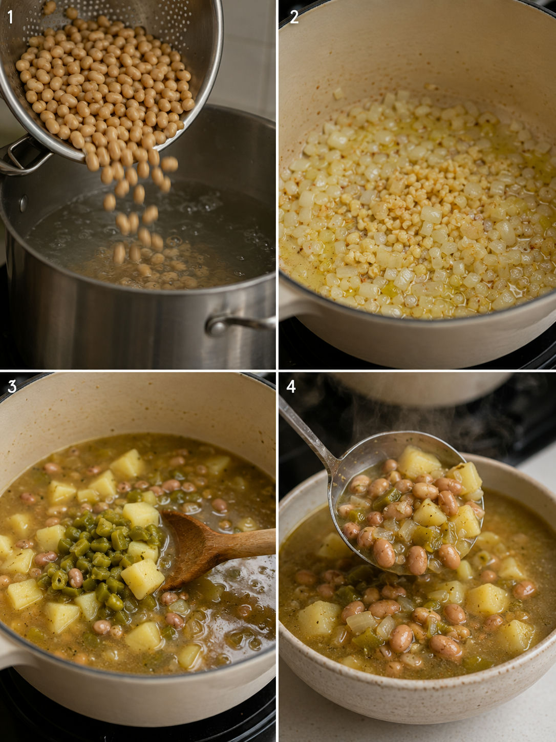 Four cooking steps for green chile papas and beans with chicos from soaking to serving