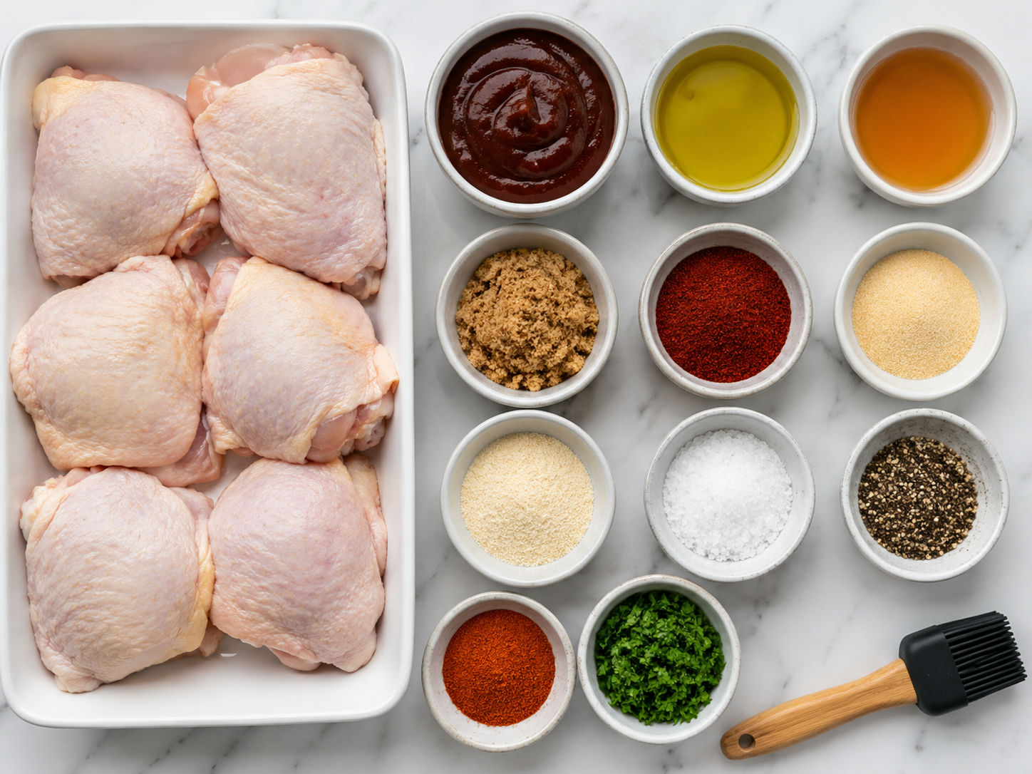 Raw chicken thighs, BBQ sauce, spices, oil, vinegar, and parsley