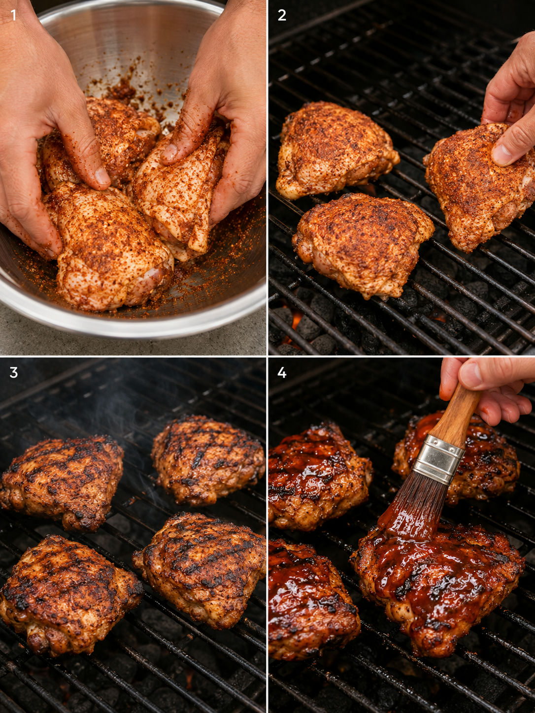 Four steps for seasoning, grilling, and glazing BBQ chicken thighs