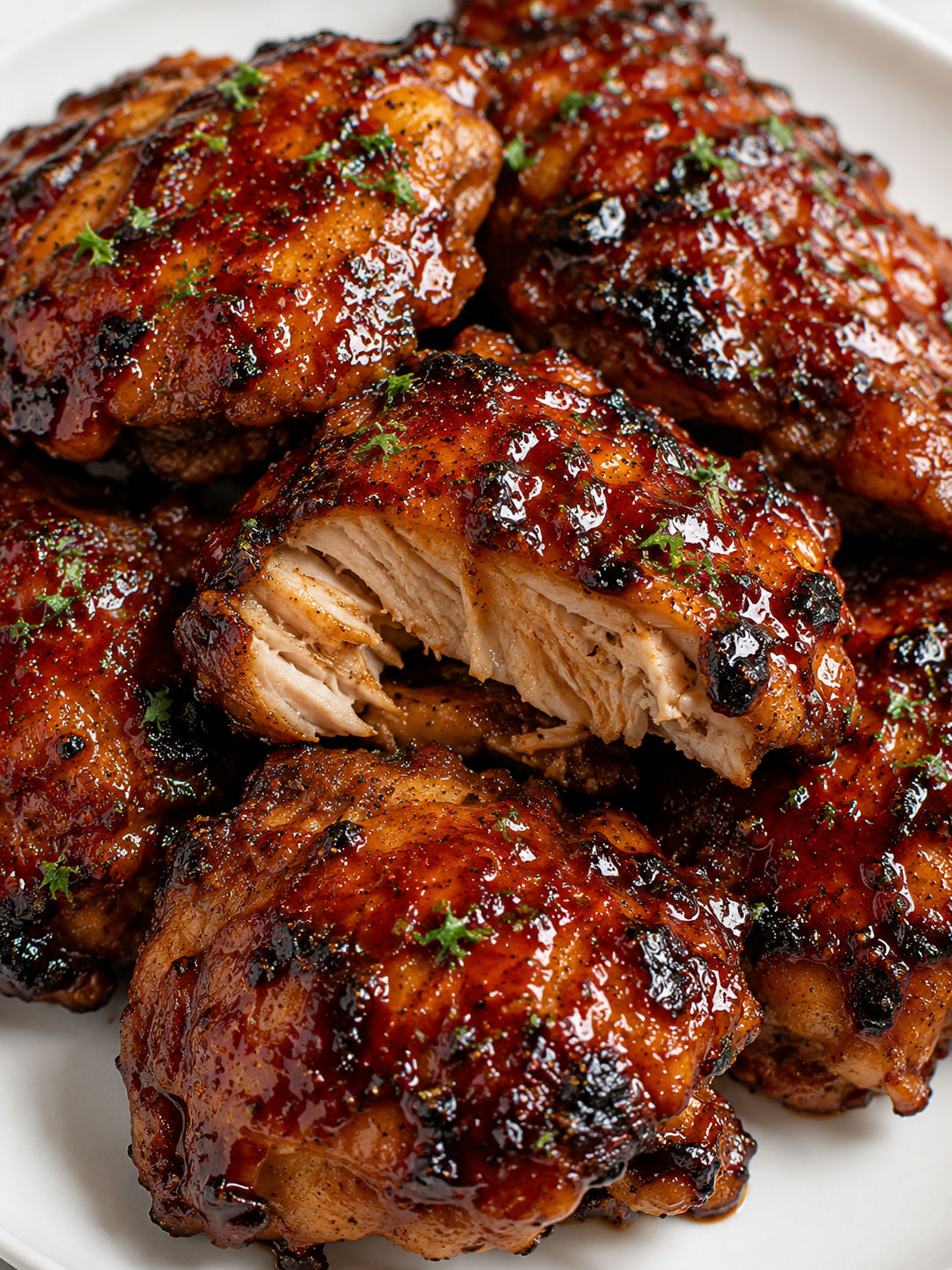 Sticky grilled BBQ chicken thighs with parsley and charred edges