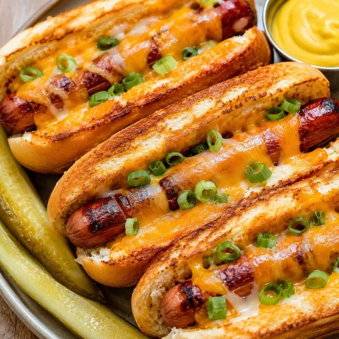 Grilled Cheese Dogs with melted cheese, scallions, pickles, and mustard