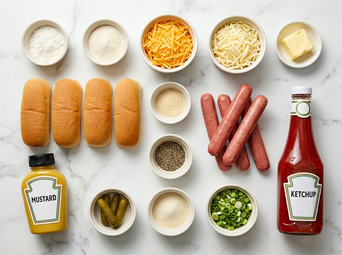 Ingredients for Grilled Cheese Dogs with buns, hot dogs, cheese, and scallions